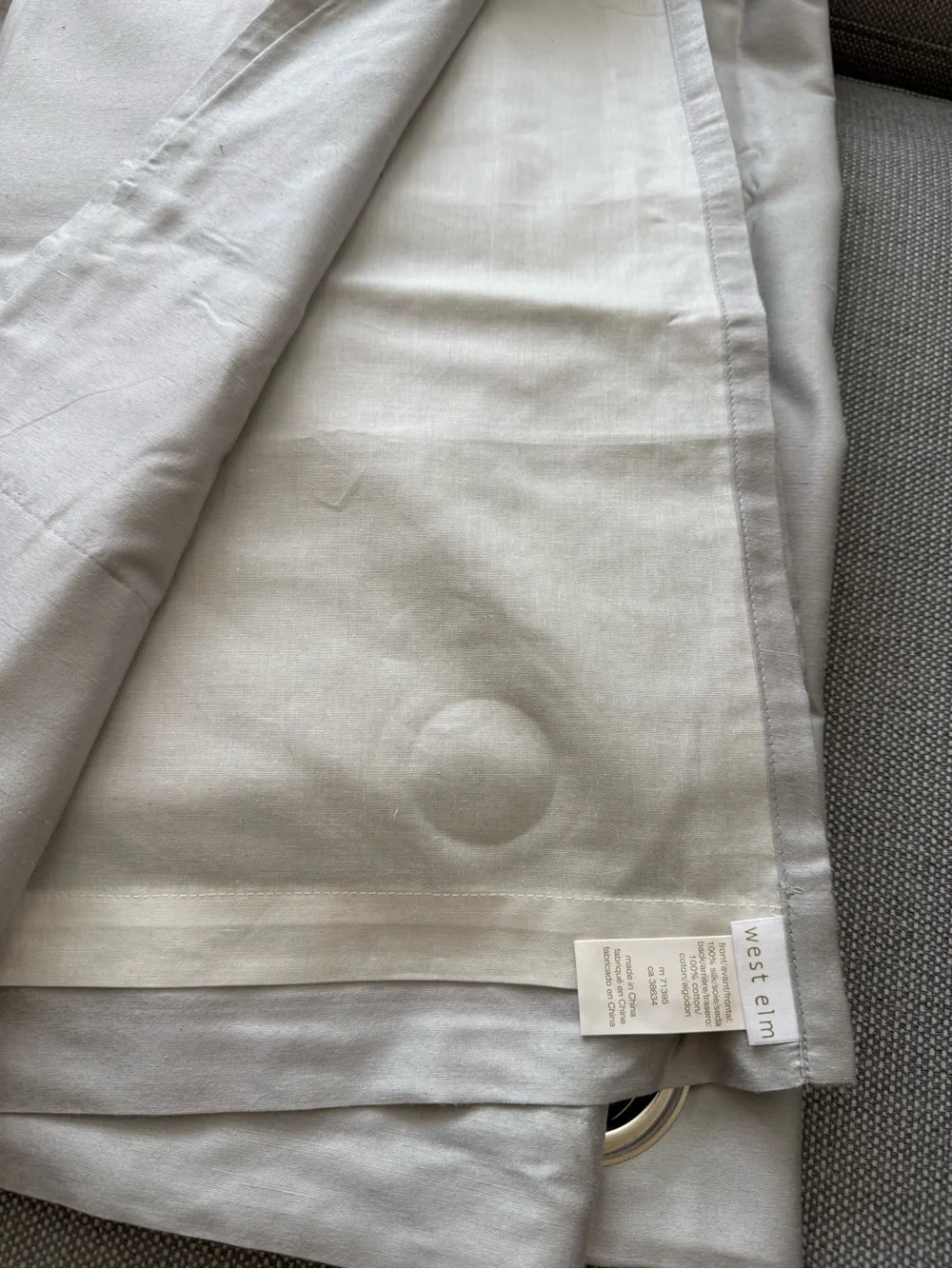 Two West Elm Silk Light Gray Grommet Curtain Panels 84x 48